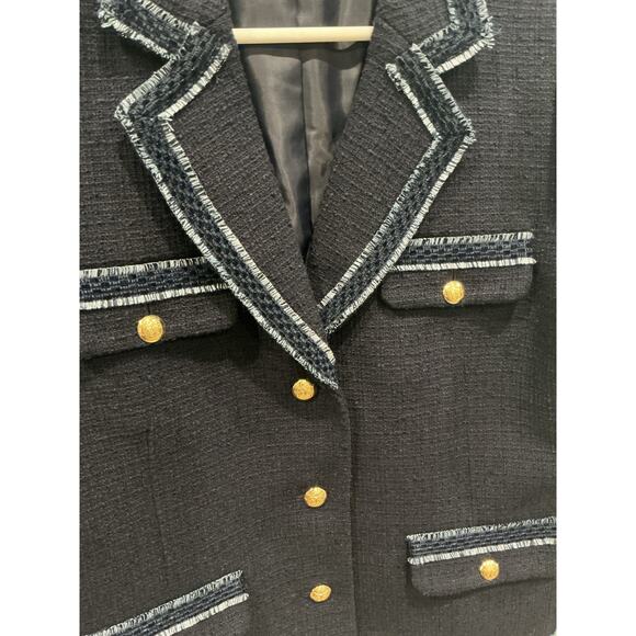 Talbots Contrast Trim Tweed Jacket Size 16P 16 Lady Blazer Navy Blue Preppy Ivy - Picture 8 of 12